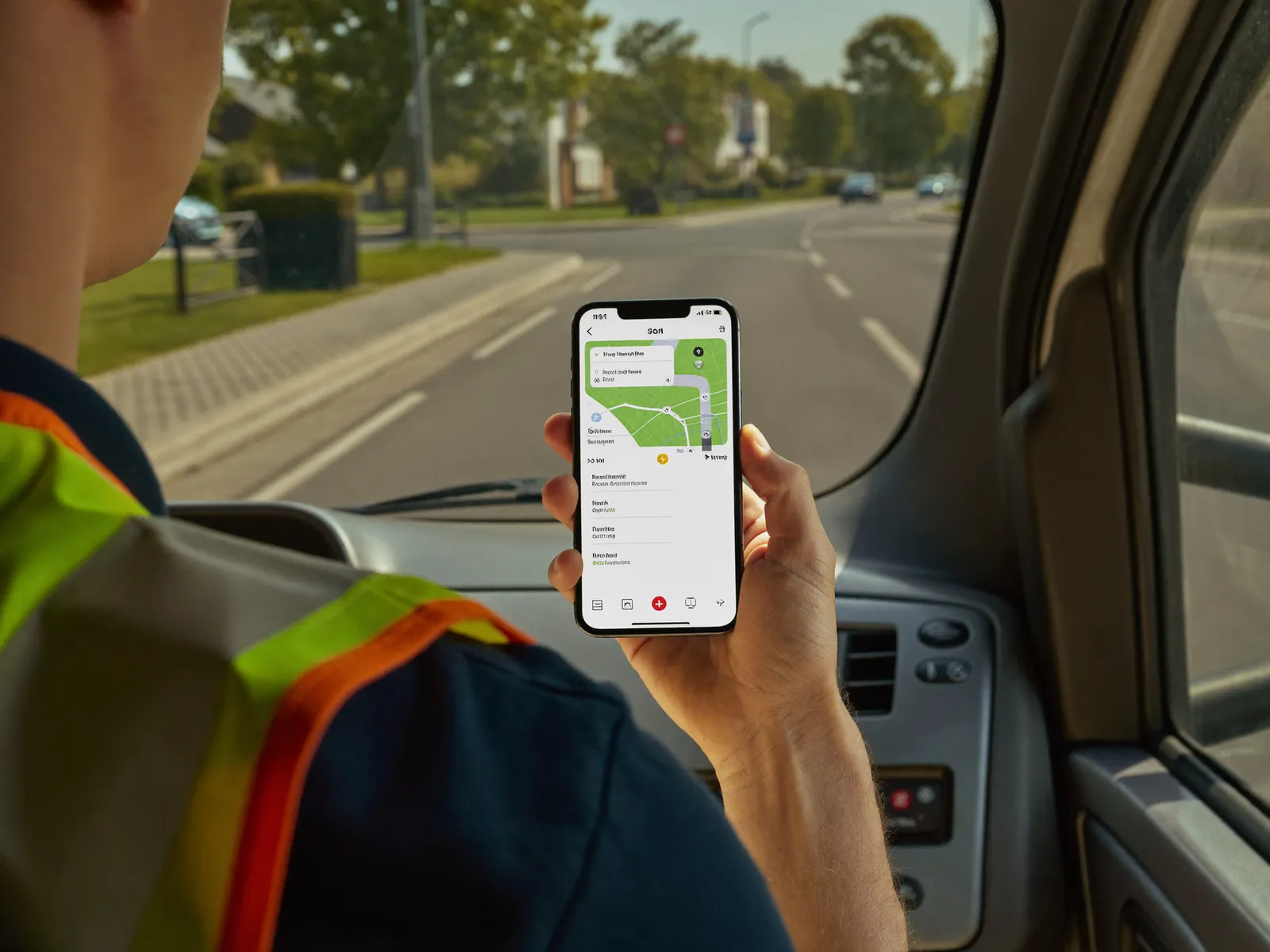 Fahrer prüft die Tourenplanung in einer App im Fahrzeug