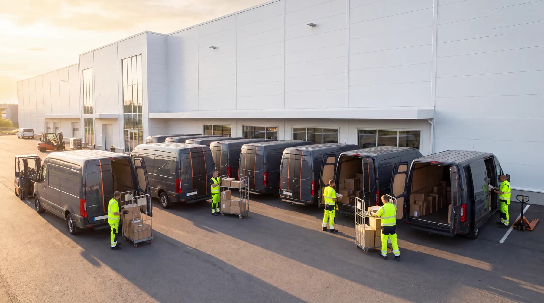 Ordentlich beladene Zustellfahrzeuge vor einem modernen Logistikdepot
