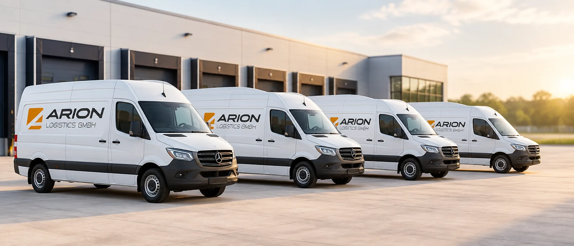 Weiße Mercedes Sprinter der Arion Logistics Flotte nebeneinander vor dem Depot